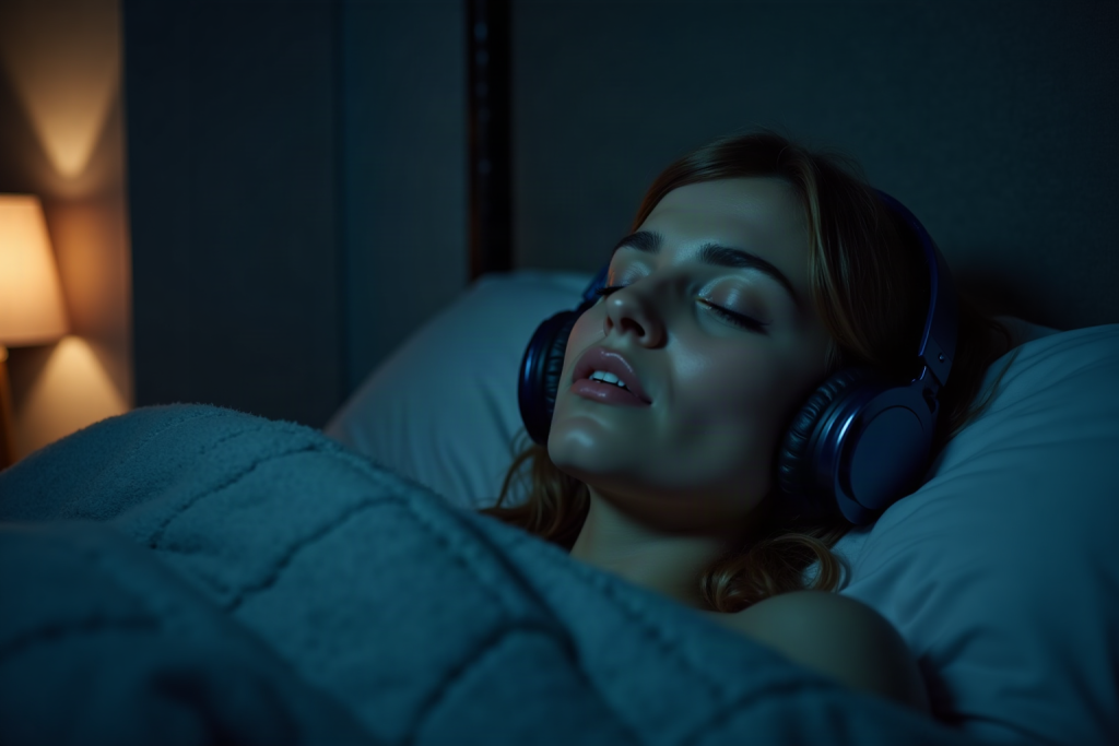 Woman lying in bed at night wearing headphones listening to whispered ASMR audio for anxiety