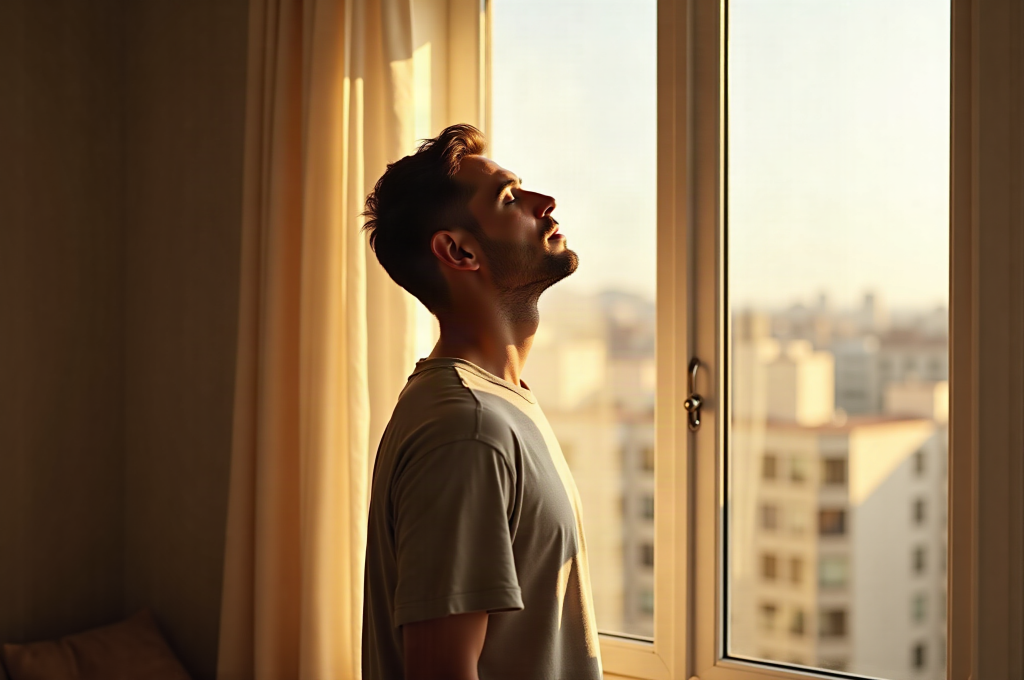 Calm man breathing deeply by a bright window in soft morning light after quitting vaping with hypnosis