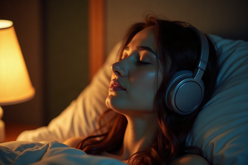 Person with eyes closed wearing soft headphones, faint ripples of warm light suggesting gentle tingles