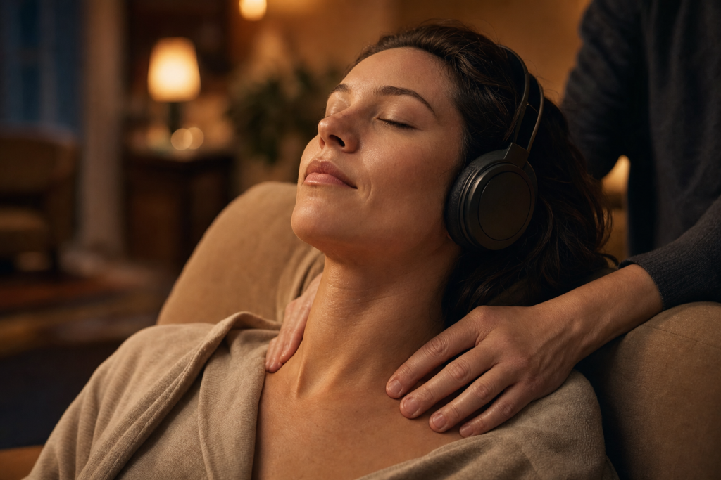 Woman with eyes closed wearing over-ear headphones in warm lamplight experiencing calm — ASMR personal attention